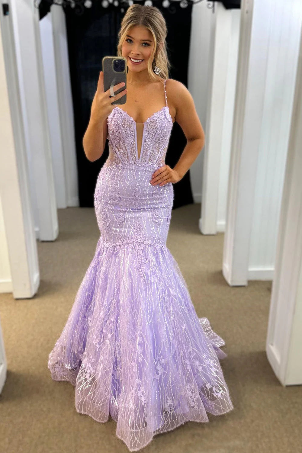 Glittler Lilac Mermaid Spaghetti Straps Long Corset Full Of Charm Prom Dress