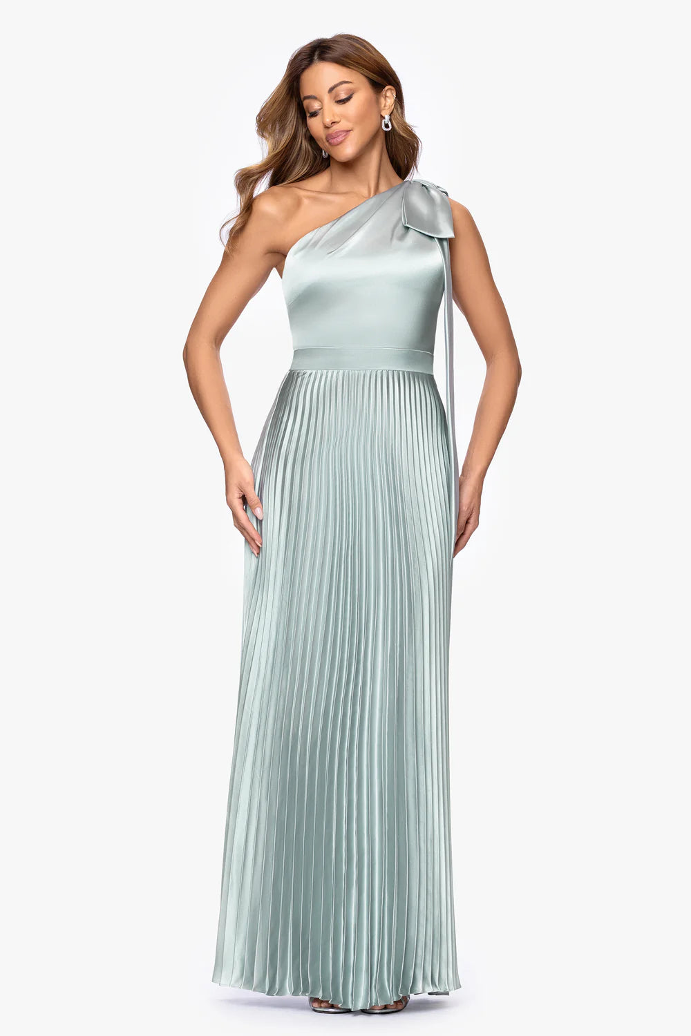 Gloss Satin A Line Long Gown One Shoulder Large Bow Strap High Waist Pleated Skirt Zipper Back Floor Length Mother of the Bride Dresses