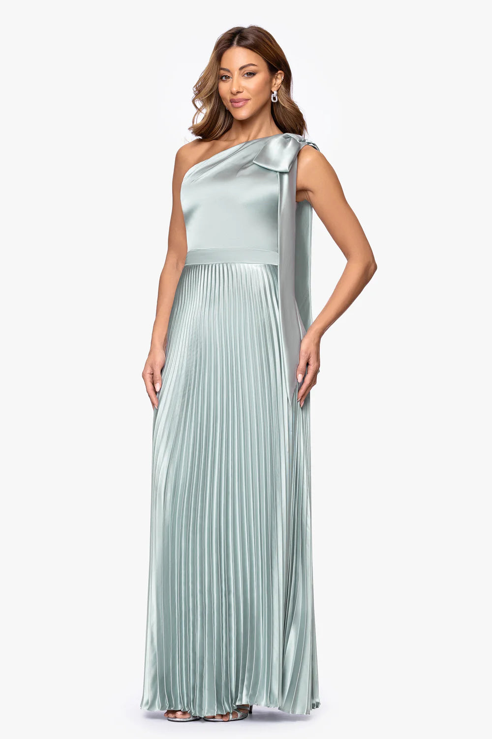 Gloss Satin A Line Long Gown One Shoulder Large Bow Strap High Waist Pleated Skirt Zipper Back Floor Length Mother of the Bride Dresses