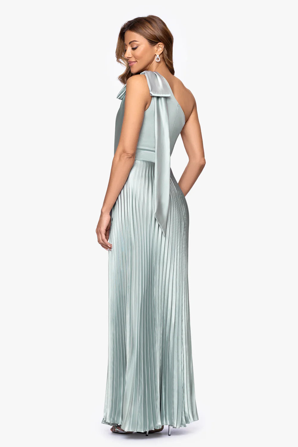 Gloss Satin A Line Long Gown One Shoulder Large Bow Strap High Waist Pleated Skirt Zipper Back Floor Length Mother of the Bride Dresses