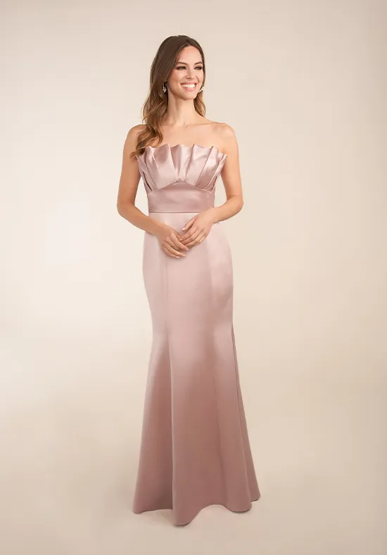 Glossy Dusty Pink Mermaid Strapless Ruffled Neck Sleeveless Plain Zipper Back Floor Length Bridesmaid Dress