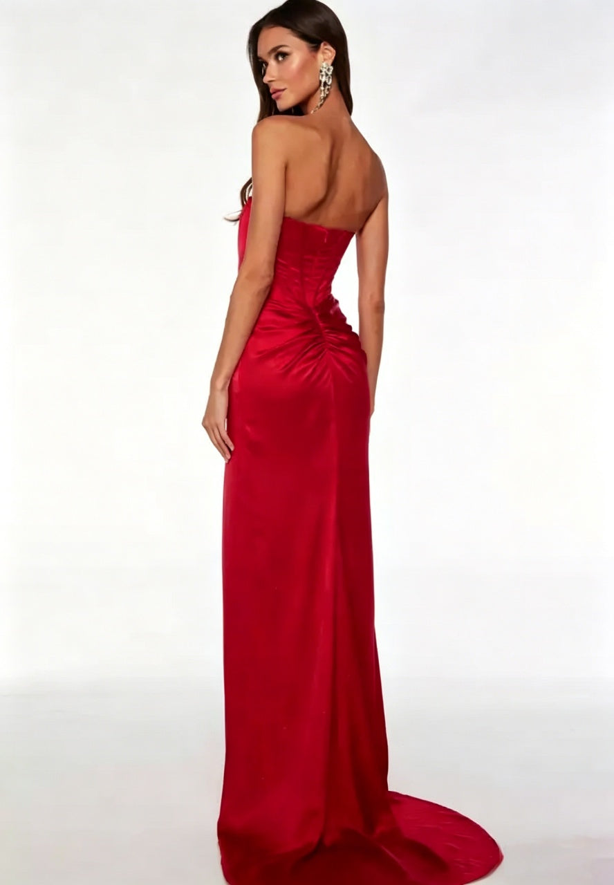 Glossy Satin Mermaid Strapless Corset High Slit Ruched Back Floor Length Evening Dresses