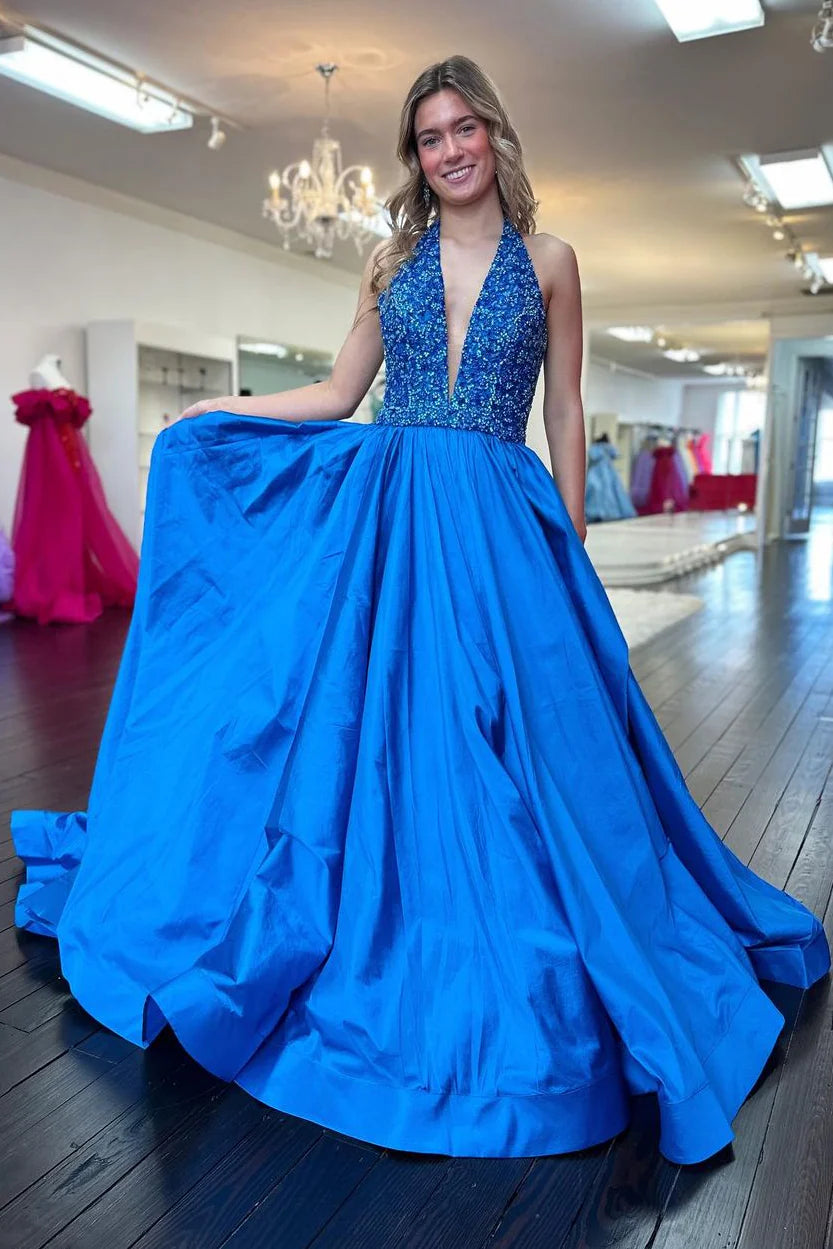 Goegeous Blue A-Line Deep V-Neck Long Satin Prom Dress