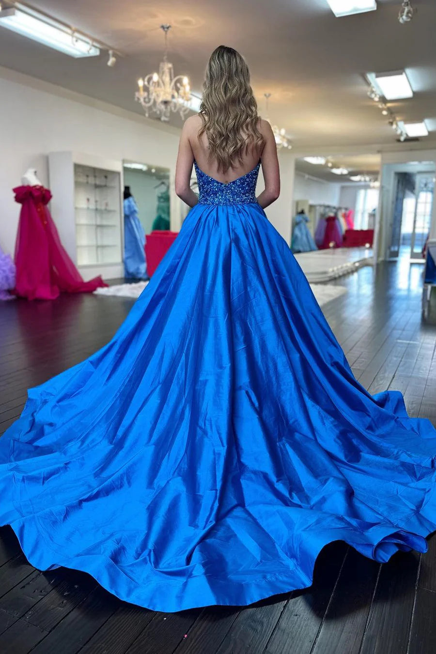 Goegeous Blue A-Line Deep V-Neck Long Satin Prom Dress