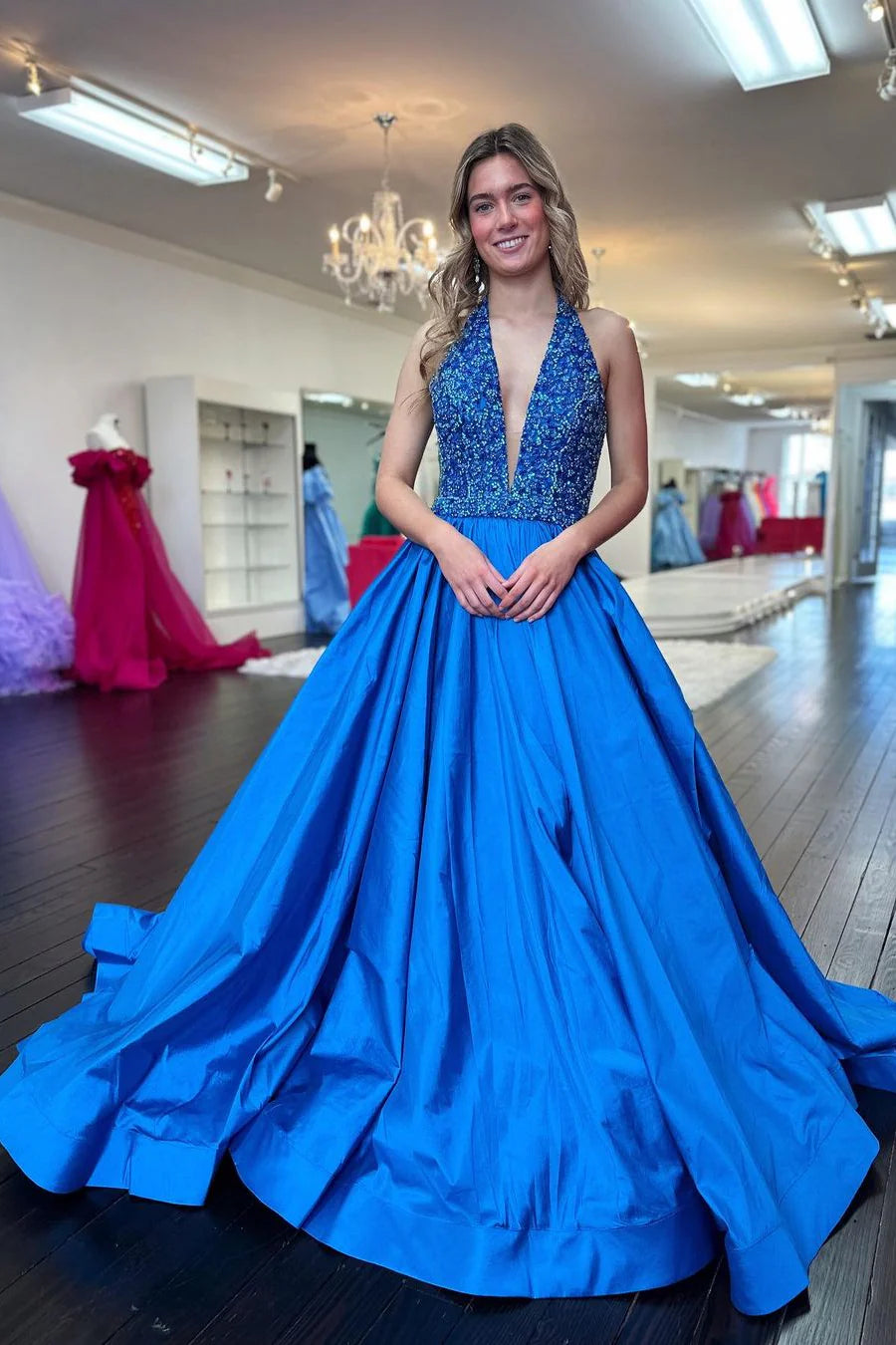 Goegeous Blue A-Line Deep V-Neck Long Satin Prom Dress