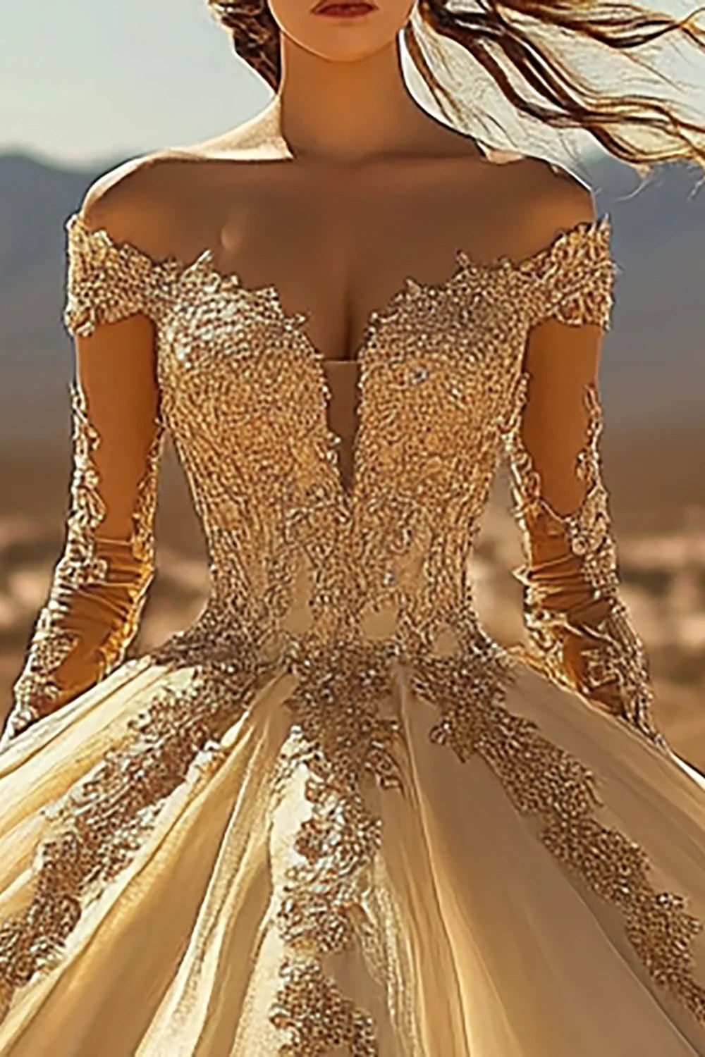 Gold Ball Gown Off the Shoulder Long Quinceanera Dress with Sleeves