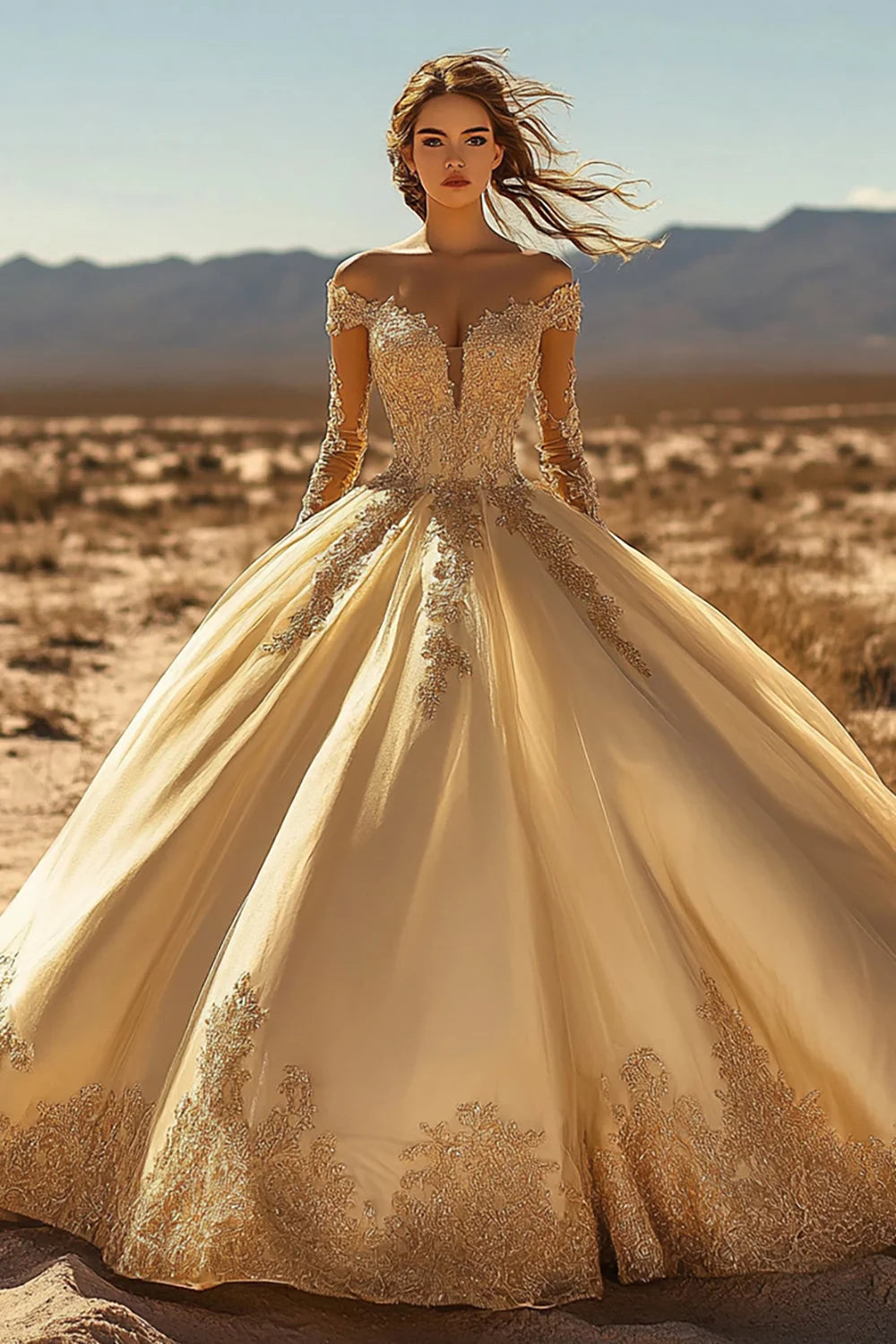 Gold Ball Gown Off the Shoulder Long Quinceanera Dress with Sleeves