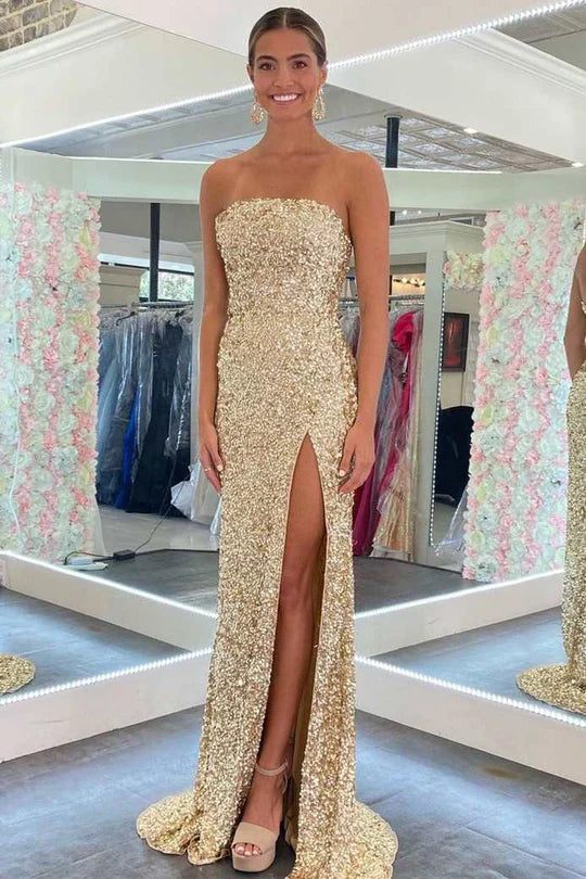 Gold Sequin Strapless Backless Mermaid Long Prom Dress with Slit