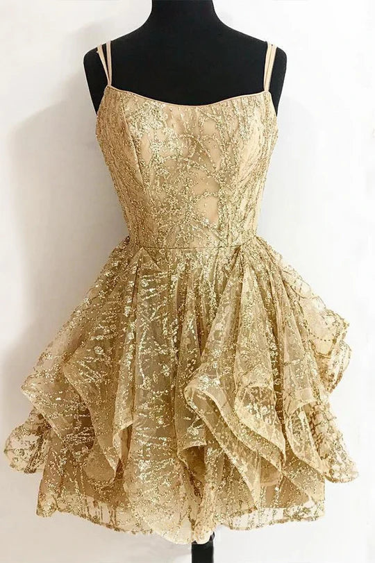 Gold Spaghetti Straps A-Line Appliques Ruffles Homecoming Dress