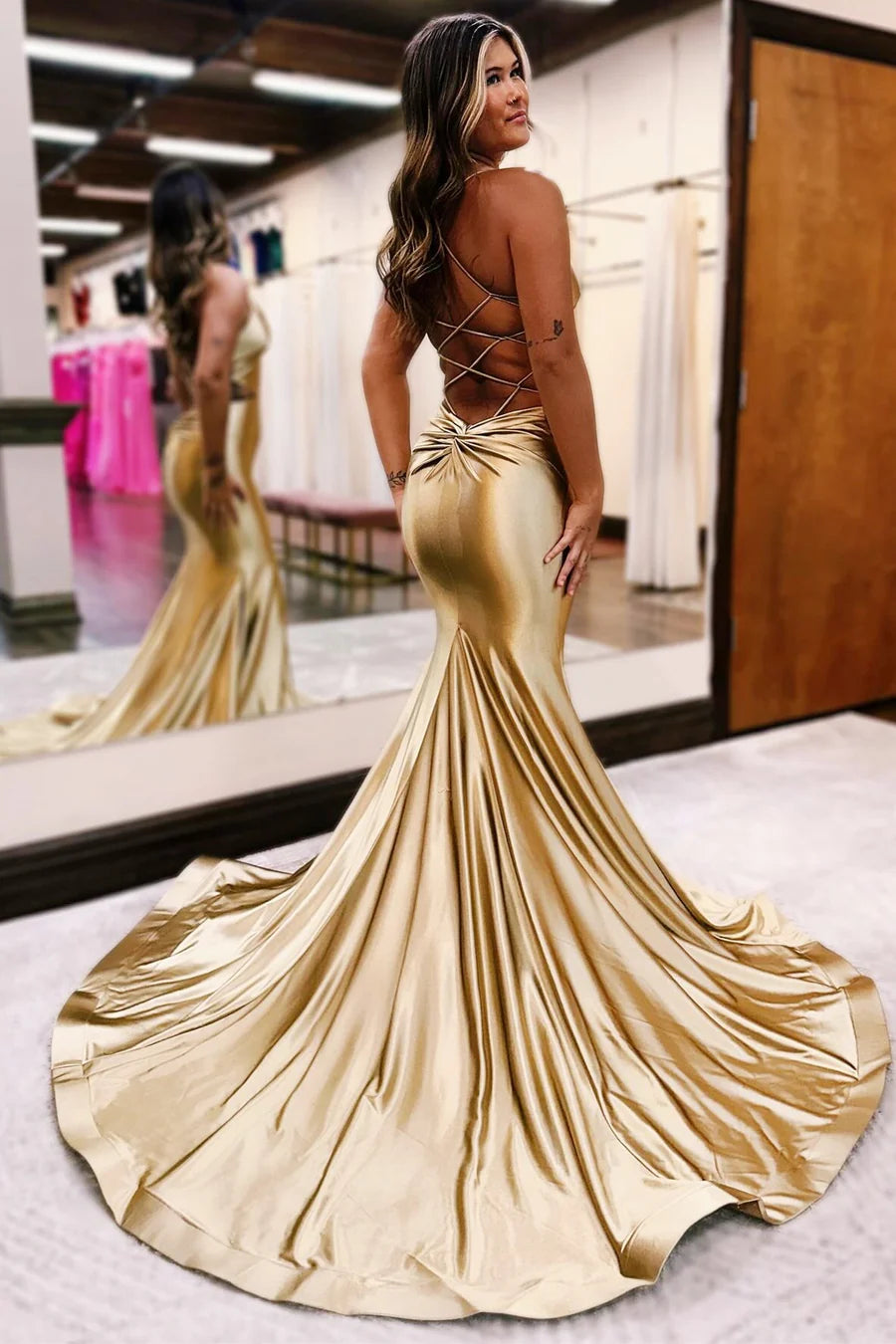 Gold V-Neck Lace-Up Trumpet Long Formal Dress