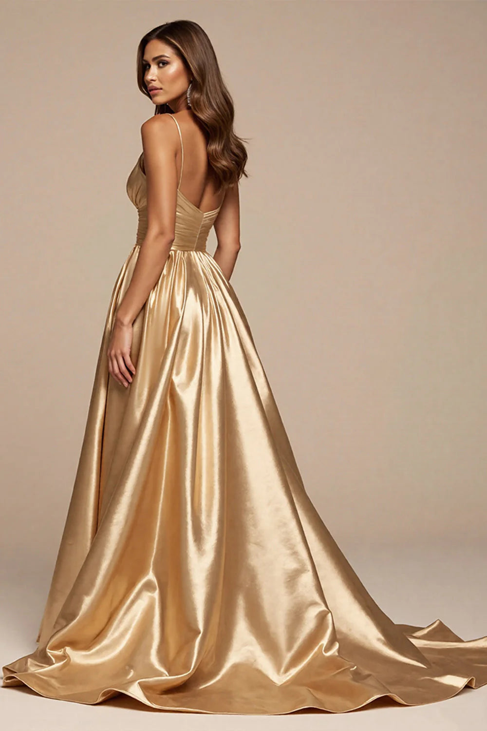 Golden Satin A Line Spaghetti Straps Long Prom Dress with Slit
