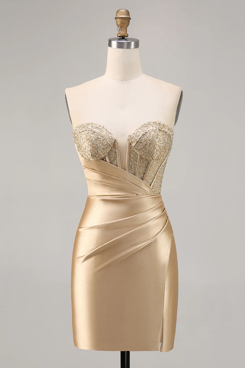 Golden Satin Strapless Tight Short Homecoming Dress