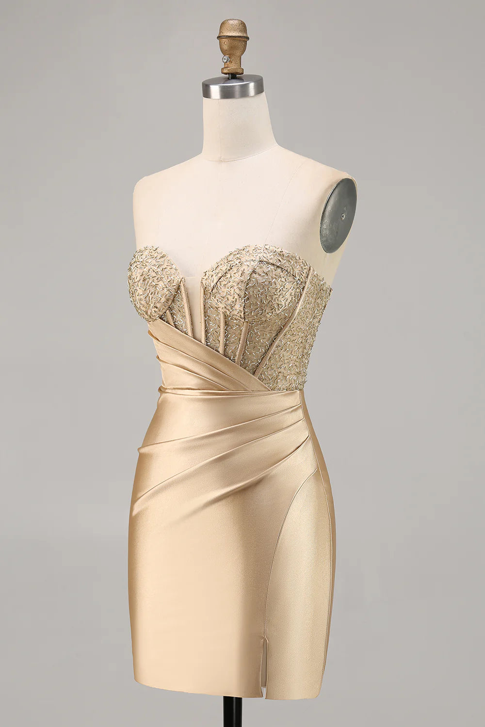 Golden Satin Strapless Tight Short Homecoming Dress