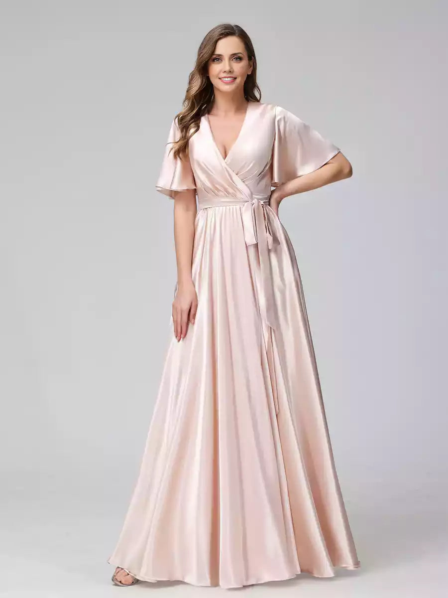 Gorgeous A-line V-neck half sleeve long silk satin ruffled side slit Bridesmaid Dresses