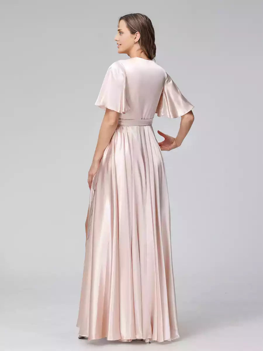 Gorgeous A-line V-neck half sleeve long silk satin ruffled side slit Bridesmaid Dresses