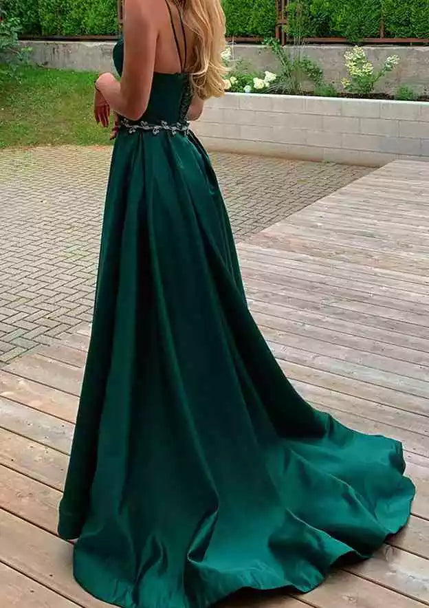 Gorgeous A-line V-neck sleeveless satin trailing waist slit Prom Dresses