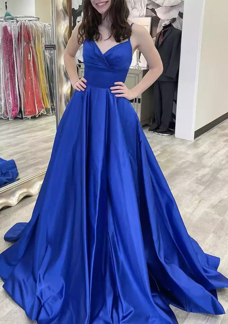 Gorgeous A-line V-neck sleeveless trailing satin bow pleated belt Prom Dresses