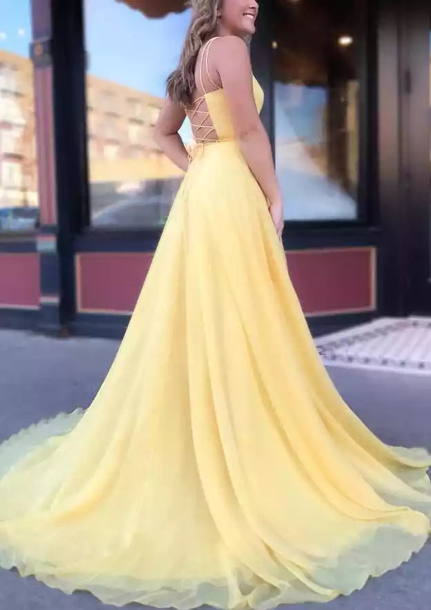 Gorgeous A-line boat neck, thin shoulder straps, trailing chiffon, fluffy and flowing Prom Dresses