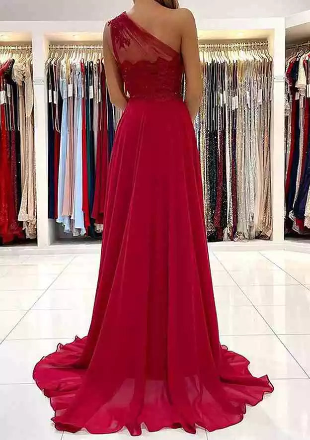 Gorgeous A-line single shoulder sleeveless chiffon trailing applique bead Prom Dresses