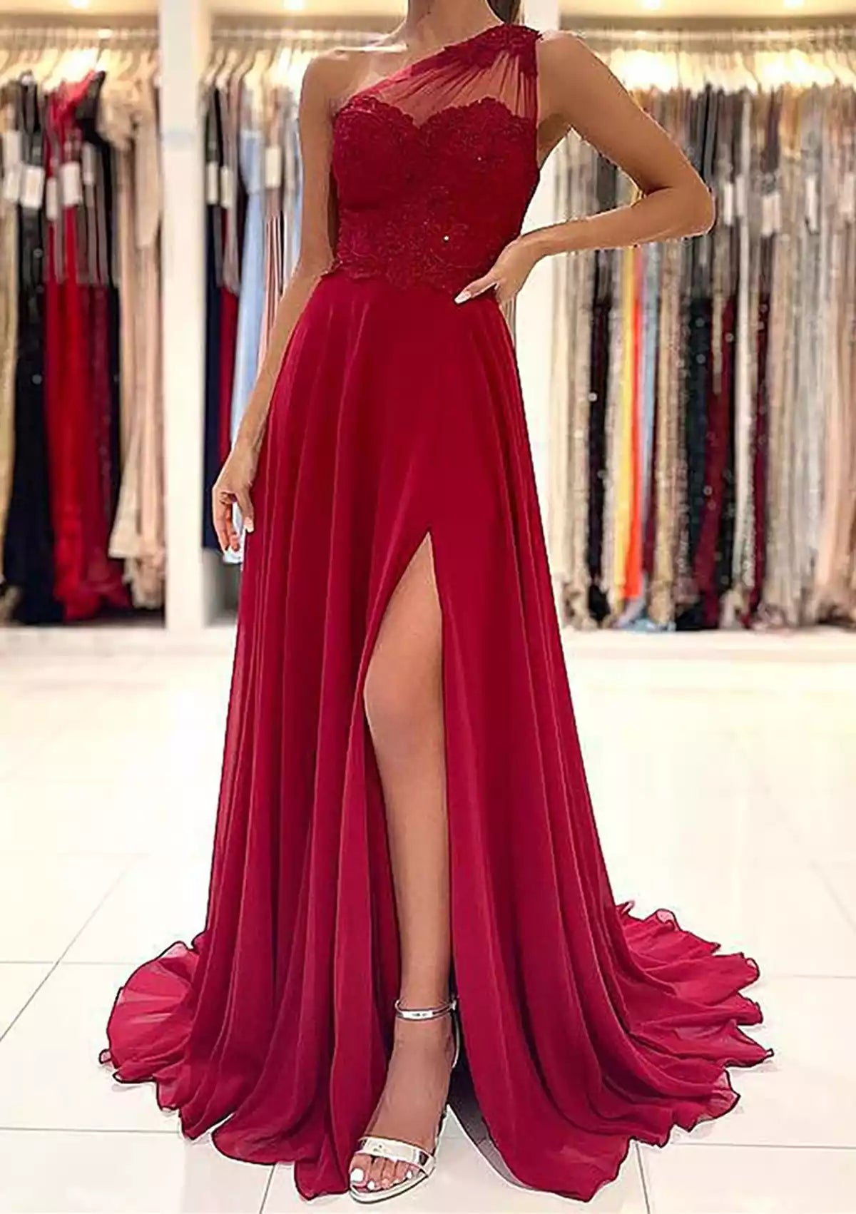 Gorgeous A-line single shoulder sleeveless chiffon trailing applique bead Prom Dresses