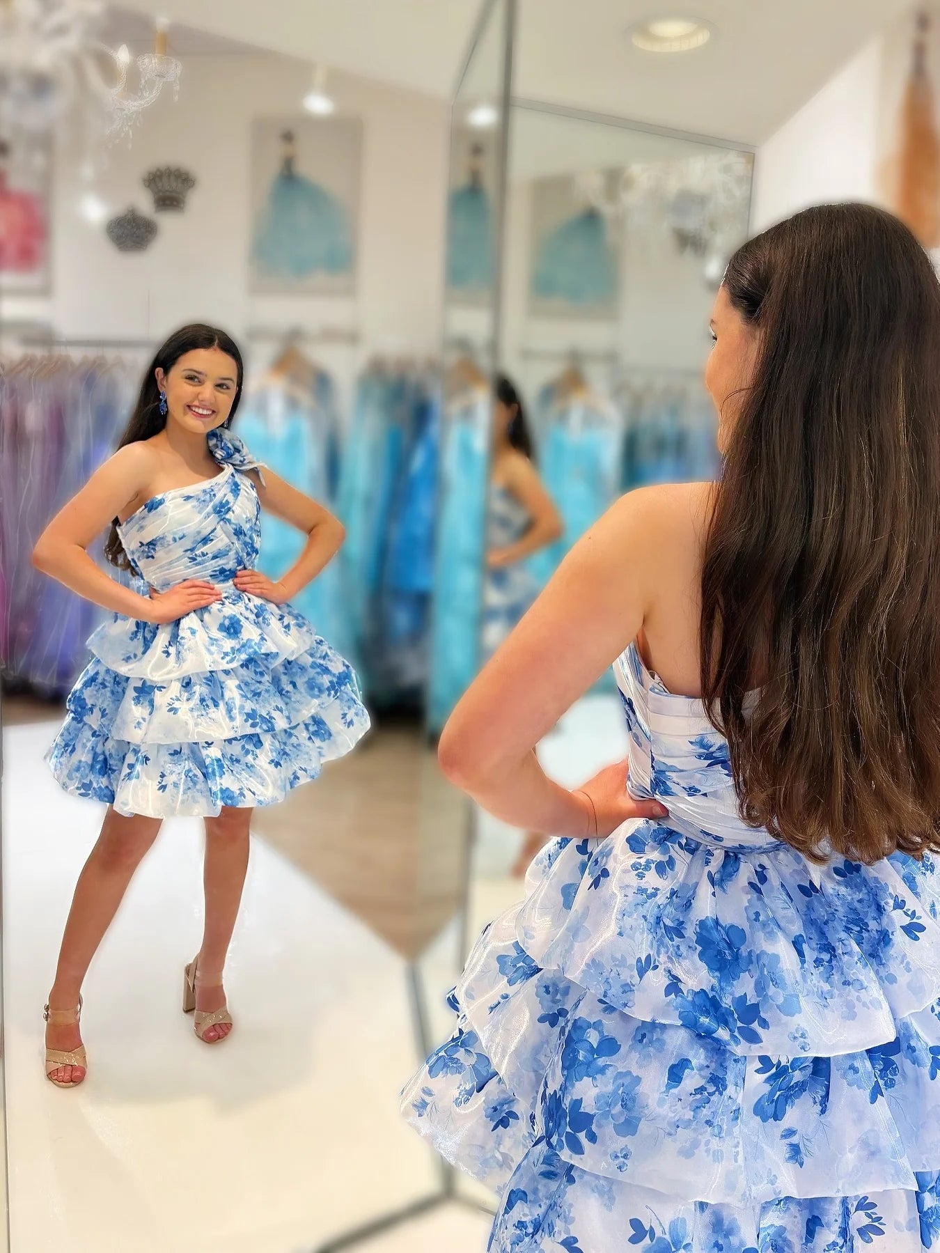 Gorgeous A Line One Shoulder Blue Printed Short Homecoming Dress with 3D Flowers
