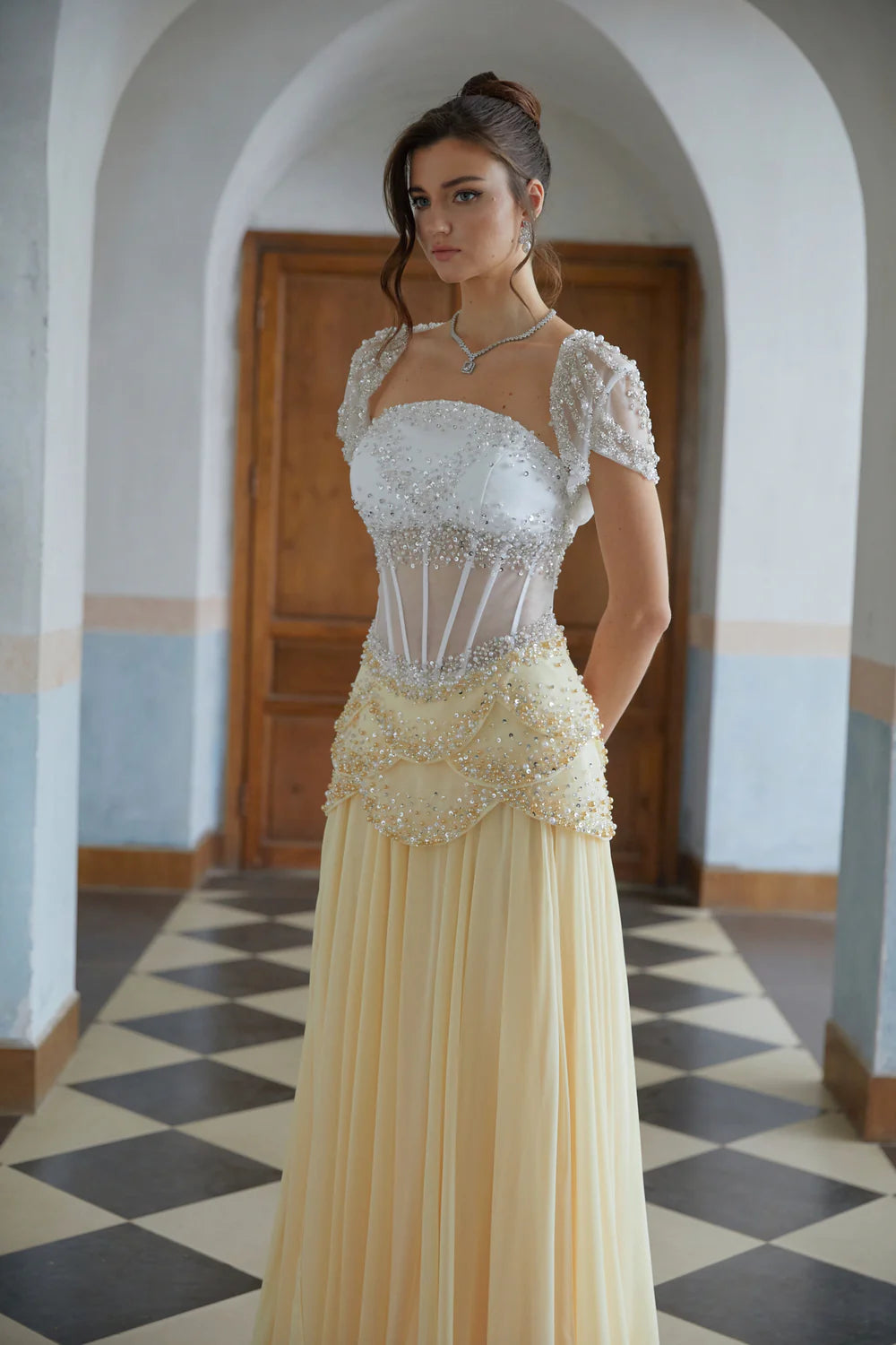 Gorgeous A Line Straight Neckline Short Puff Sleeve Corset Back Floor Length Evening Dress