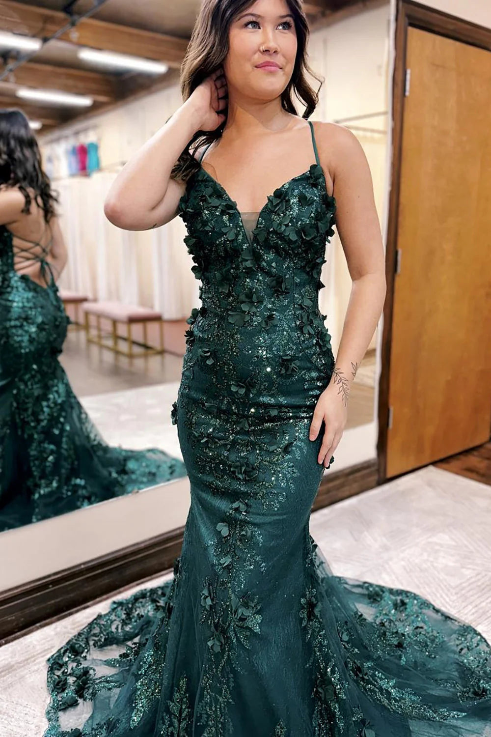 Glitter Dark Green Mermaid Spaghetti Straps Lace Up Prom Dress