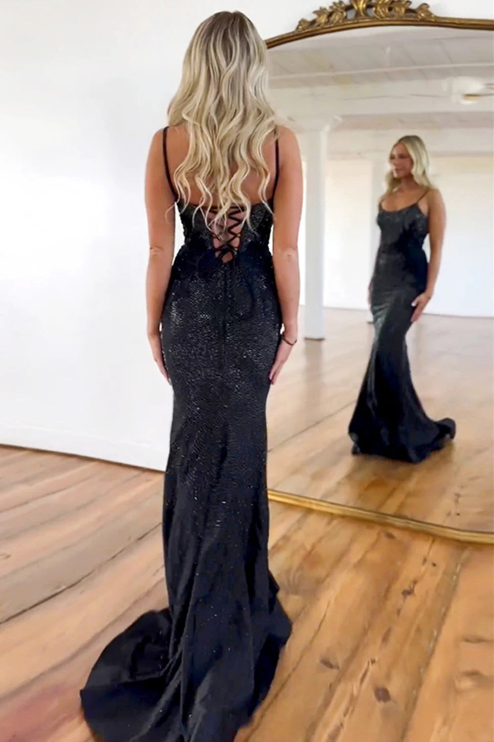 Black Glitter Beaded Mermaid Spaghetti Straps Lace Up Long  Full Of Charm Prom Dress