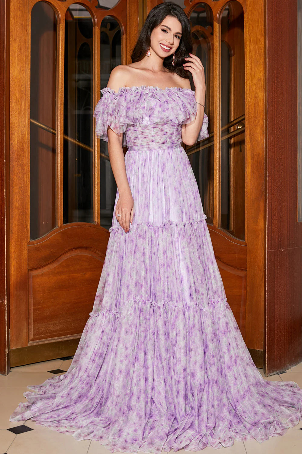 Gorgeous Lilac Floral A Line Off the ShoulderLong Prom Dress with Ruffles