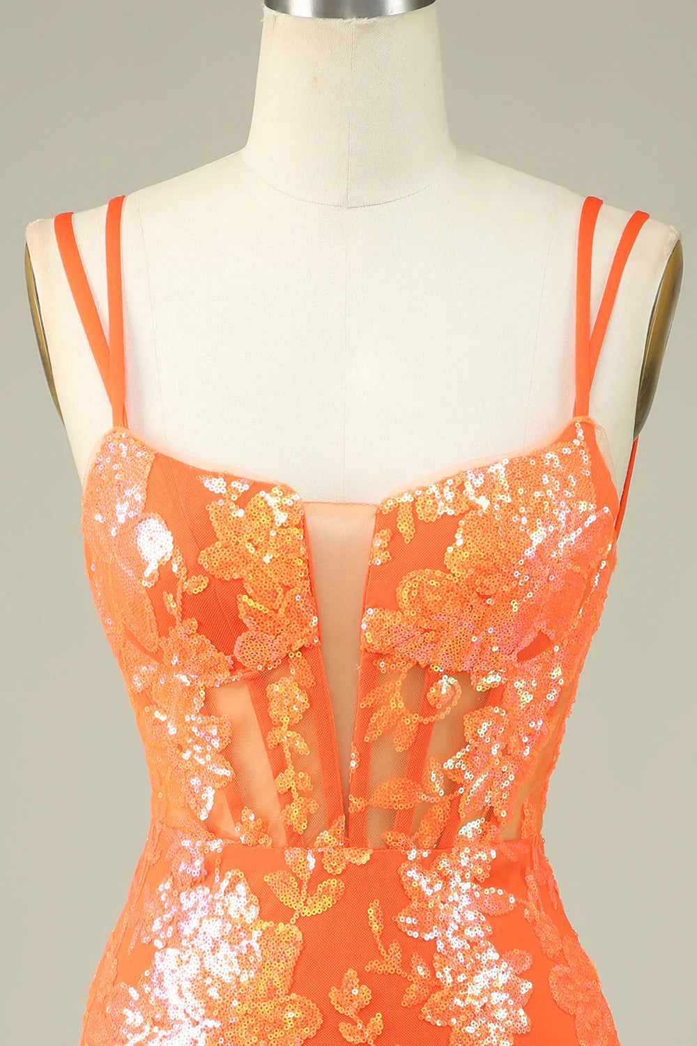 Gorgeous Orange Spaghetti Straps Tight Glittler Corset Homecoming Dress with Lace Up Back