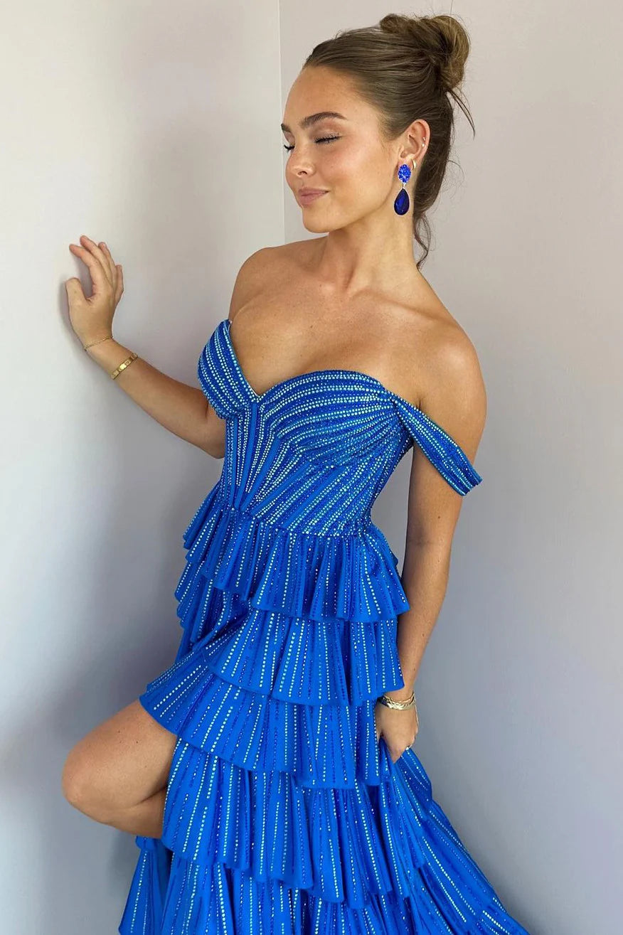 Gorgeous Royal Blue A-Line Off The Shoulder Long Beaded Prom Dress