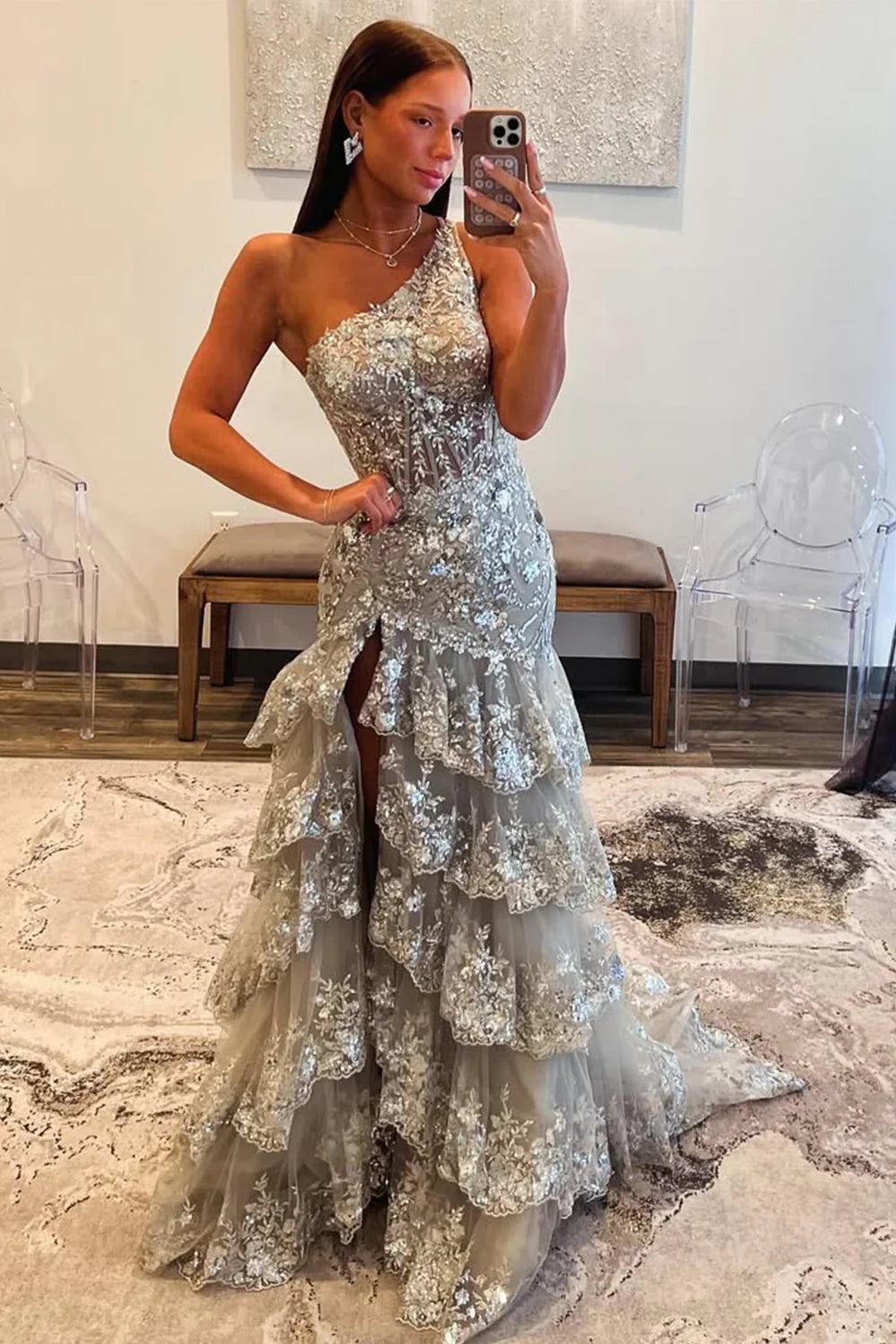 Grey Gorgeous Mermaid Sparkly One Shoulder Long Sequin Prom Dress