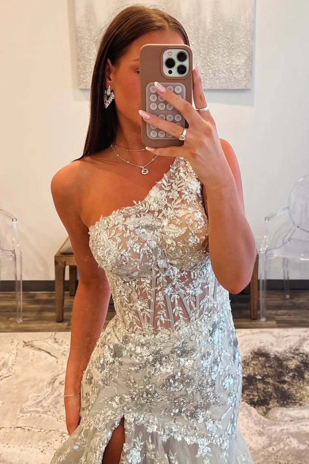 Grey Gorgeous Mermaid Sparkly One Shoulder Long Sequin Prom Dress