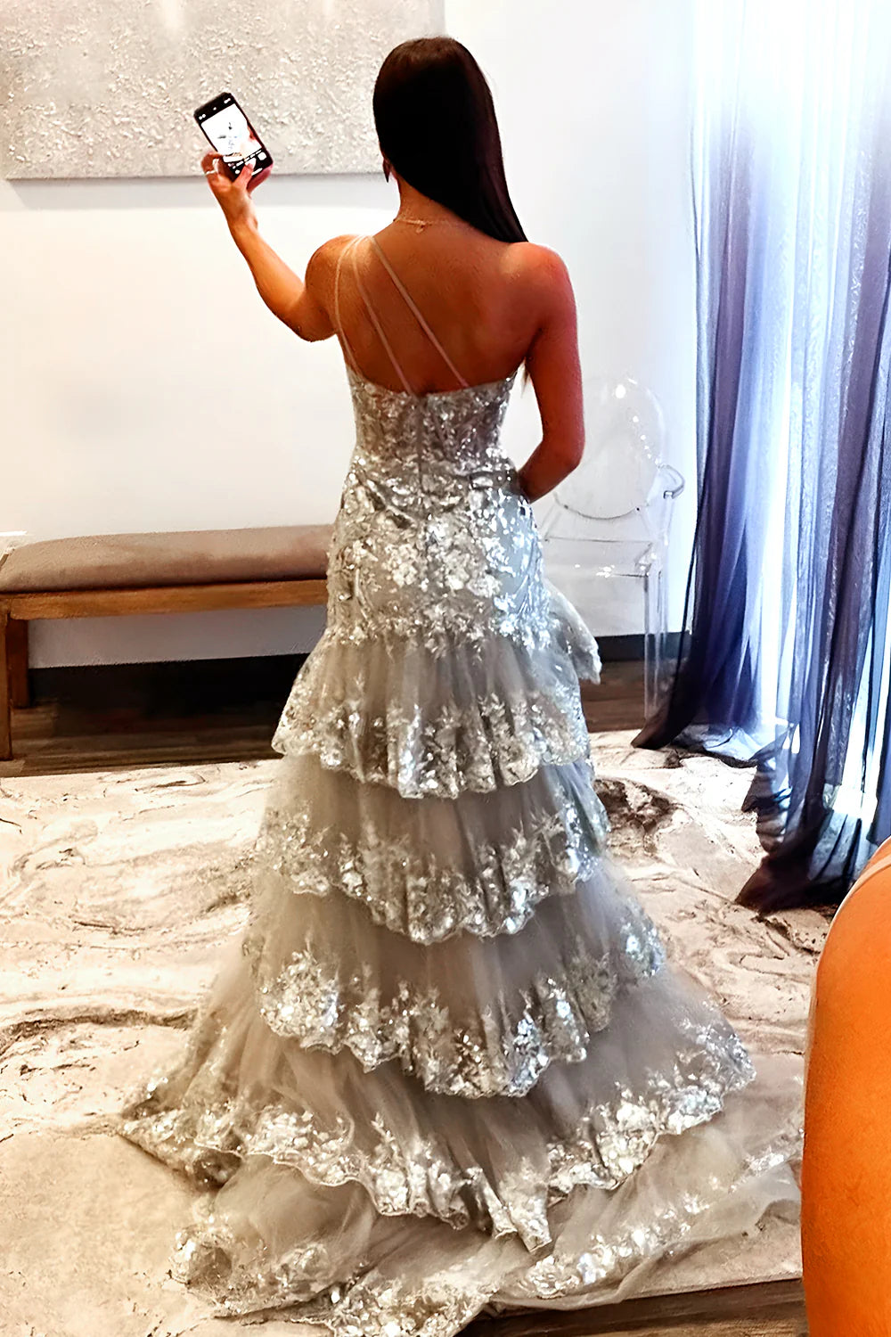 Grey Gorgeous Mermaid Sparkly One Shoulder Long Sequin Prom Dress