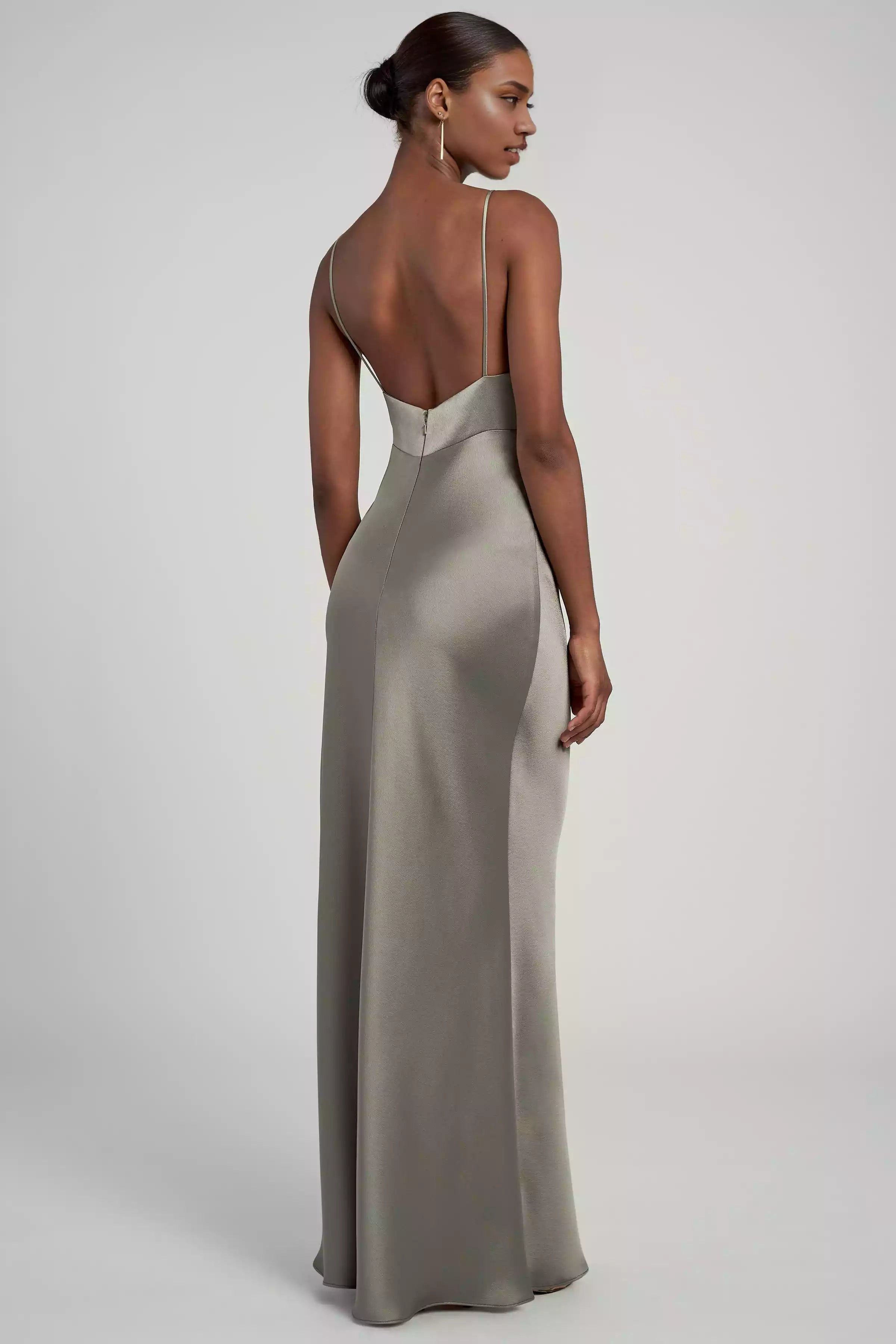 Gorgeous luxury satin V-neck slim shoulder strap corset without lining, slanted cut back, mid zip Prom Dresses