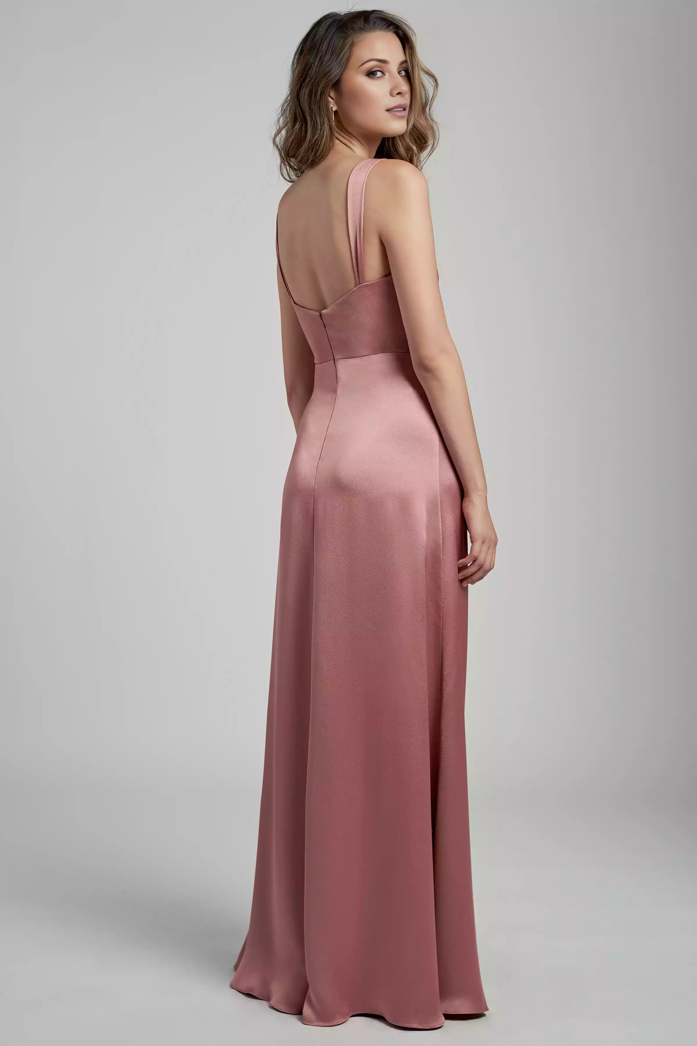 Gorgeous luxury satin scarf with wide pleated shoulder straps and A-line tight corset slit Prom Dresses