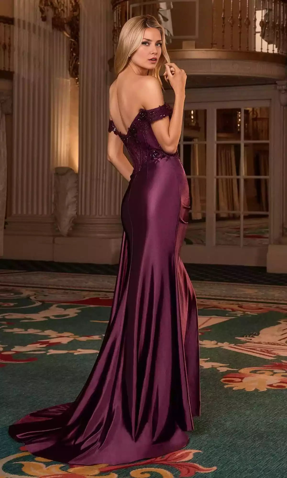 Gorgeous off shoulder long beaded corset with heart-shaped neckline, side pleats, and side slits Prom Dresses