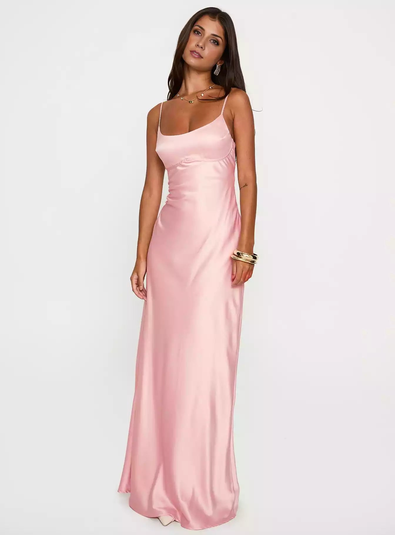 Gorgeous satin backless round neck adjustable shoulder strap elastic shoulder strap back zipper fully lined Prom Dresses