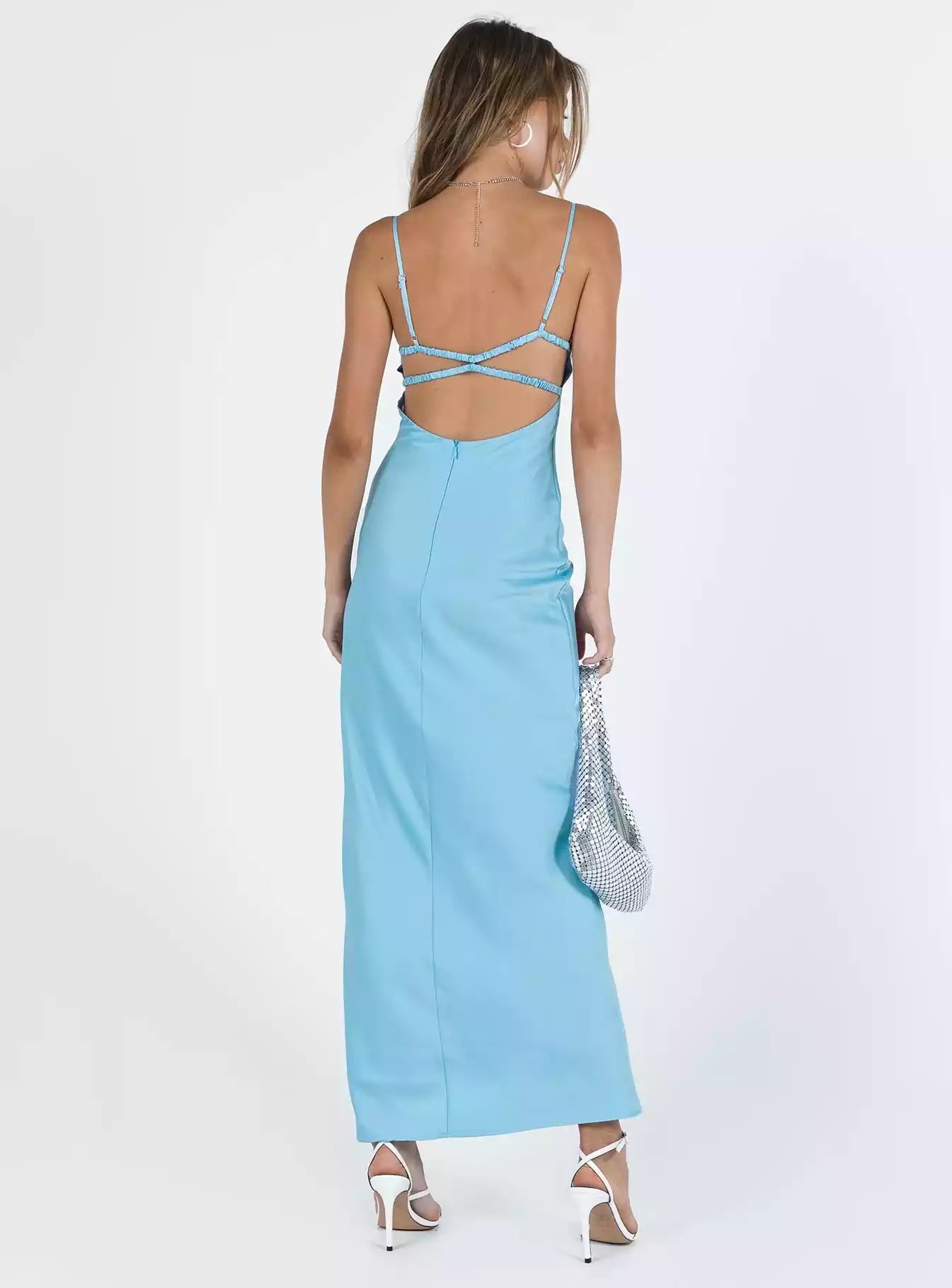 Gorgeous satin round neck adjustable shoulder strap with exposed back and elastic band, hidden zipper at the back Prom Dresses