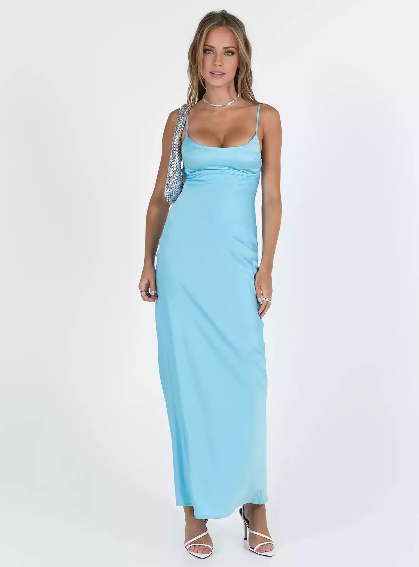 Gorgeous satin round neck adjustable shoulder strap with exposed back and elastic band, hidden zipper at the back Prom Dresses