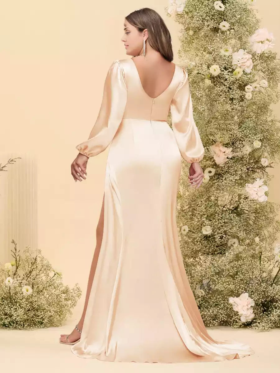 Gorgeous slim fit/straight V-neck long sleeved formal plus size side slit and pleated Bridesmaid Dresses