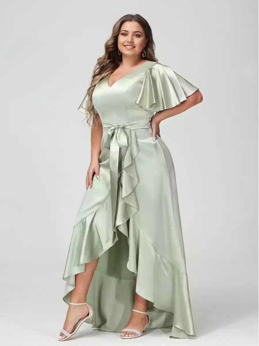 Gorgeous slim fit/straight V-neck short sleeved shirt with asymmetrical ruffle edge plus Bridesmaid Dresses