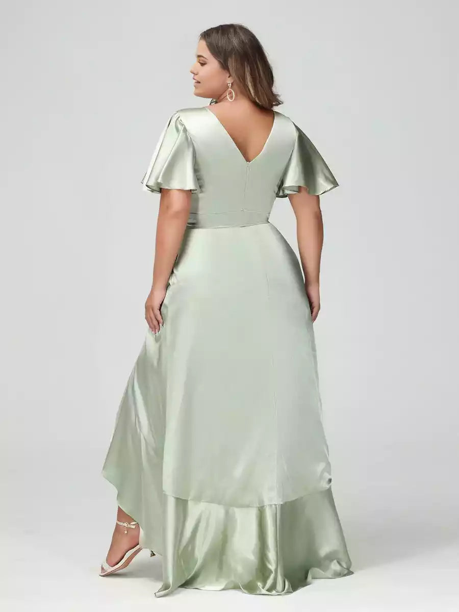 Gorgeous slim fit/straight V-neck short sleeved shirt with asymmetrical ruffle edge plus Bridesmaid Dresses