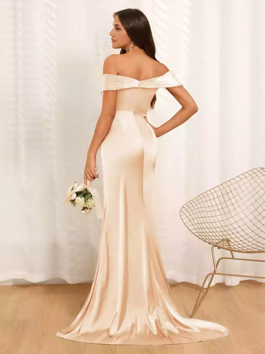 Gorgeous slim fit/straight off shoulder long formal side slit with pleated Bridesmaid Dresses