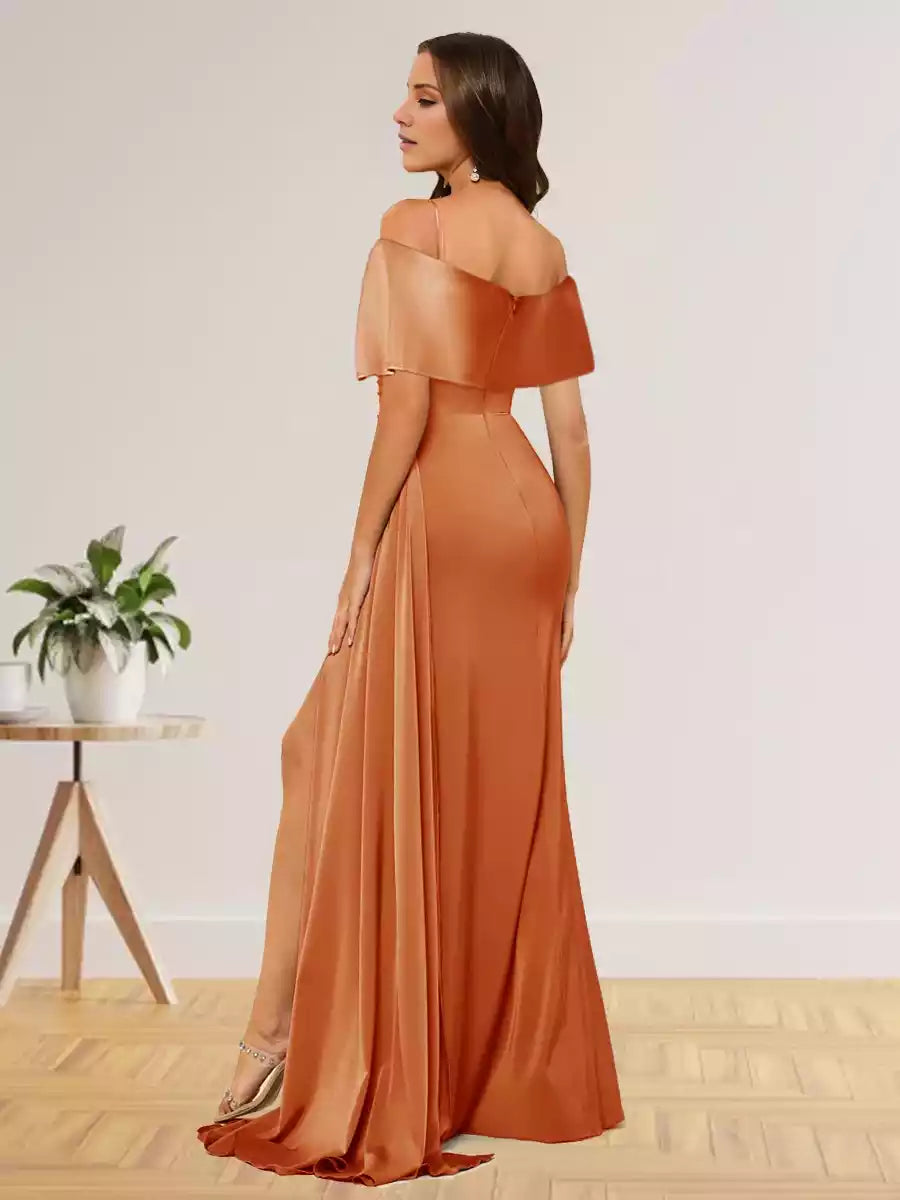 Gorgeous slim fit/straight off shoulder long formal side slit with pleated Bridesmaid Dresses
