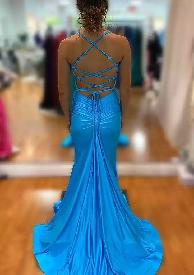 Gorgeous trumpet/mermaid V-neck sleeveless trailing knit pleats Prom Dresses