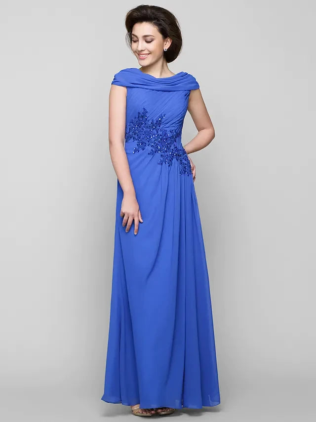 Graceful Chiffon A-Line Cowl Neck Cap Sleeves Ruched Back Floor-Length Mother of the Bride Dresses