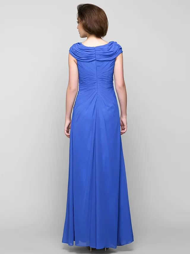 Graceful Chiffon A-Line Cowl Neck Cap Sleeves Ruched Back Floor-Length Mother of the Bride Dresses