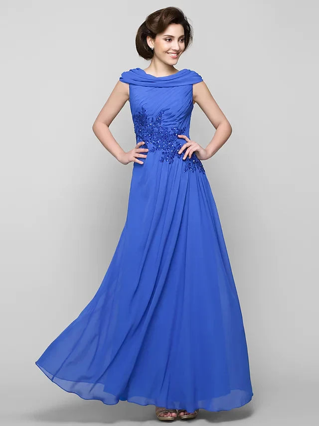 Graceful Chiffon A-Line Cowl Neck Cap Sleeves Ruched Back Floor-Length Mother of the Bride Dresses