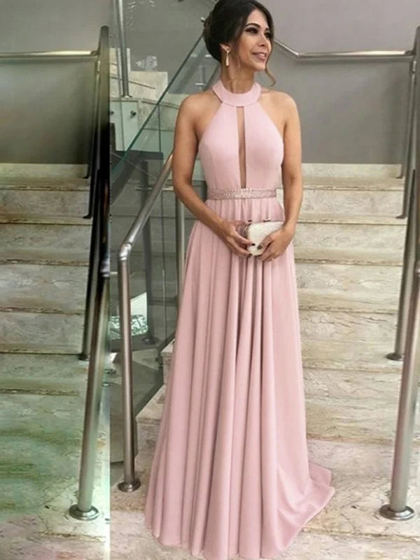Graceful Chiffon A-Line Halter Keyhole Sleeveless Open Back Floor-Length Mother of the Bride Dresses